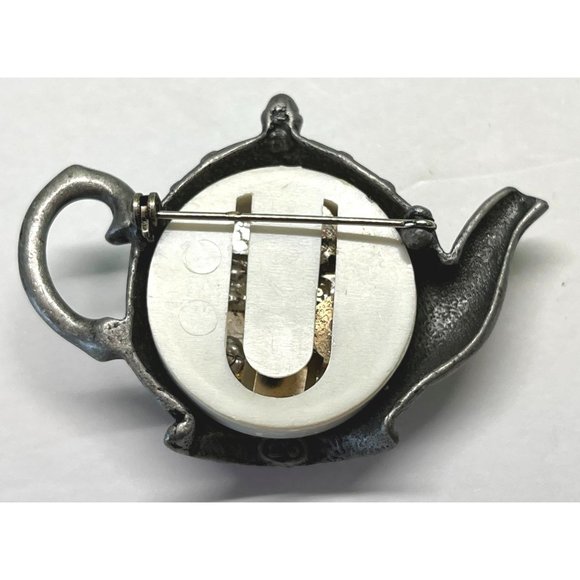 Vintage Pewter Teapot Floral  Brooch Pin 2.5" Across Silver Tone - Picture 2 of 5